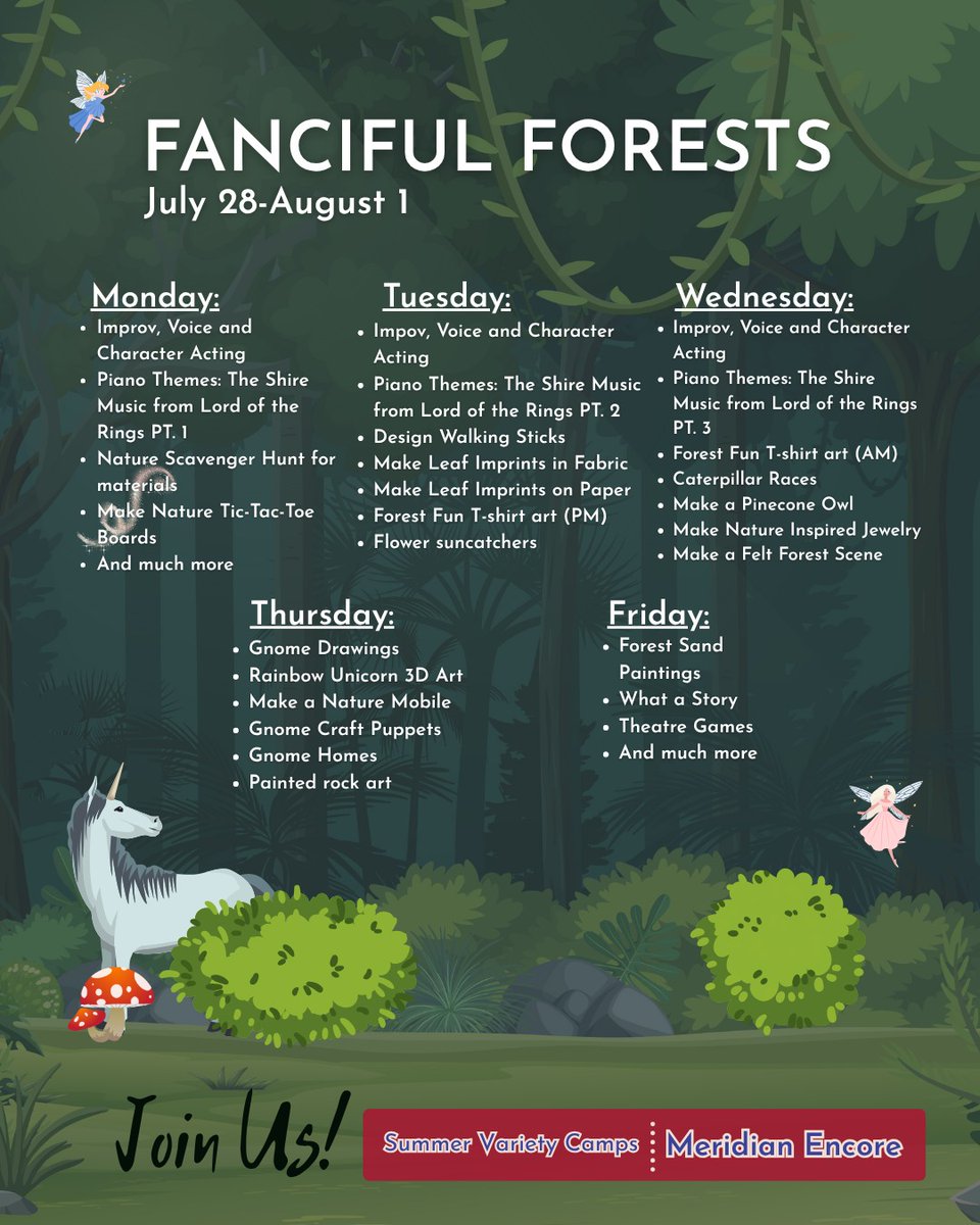 Join us for a magical time at "Fanciful Forests" Summer Variety Camp!

Students will enjoy a variety of nature and fantasy-themed art, theatre, music, and hands-on activities with some of our professional instructors and vibrant teen mentors!

Join us for a full day or attend a