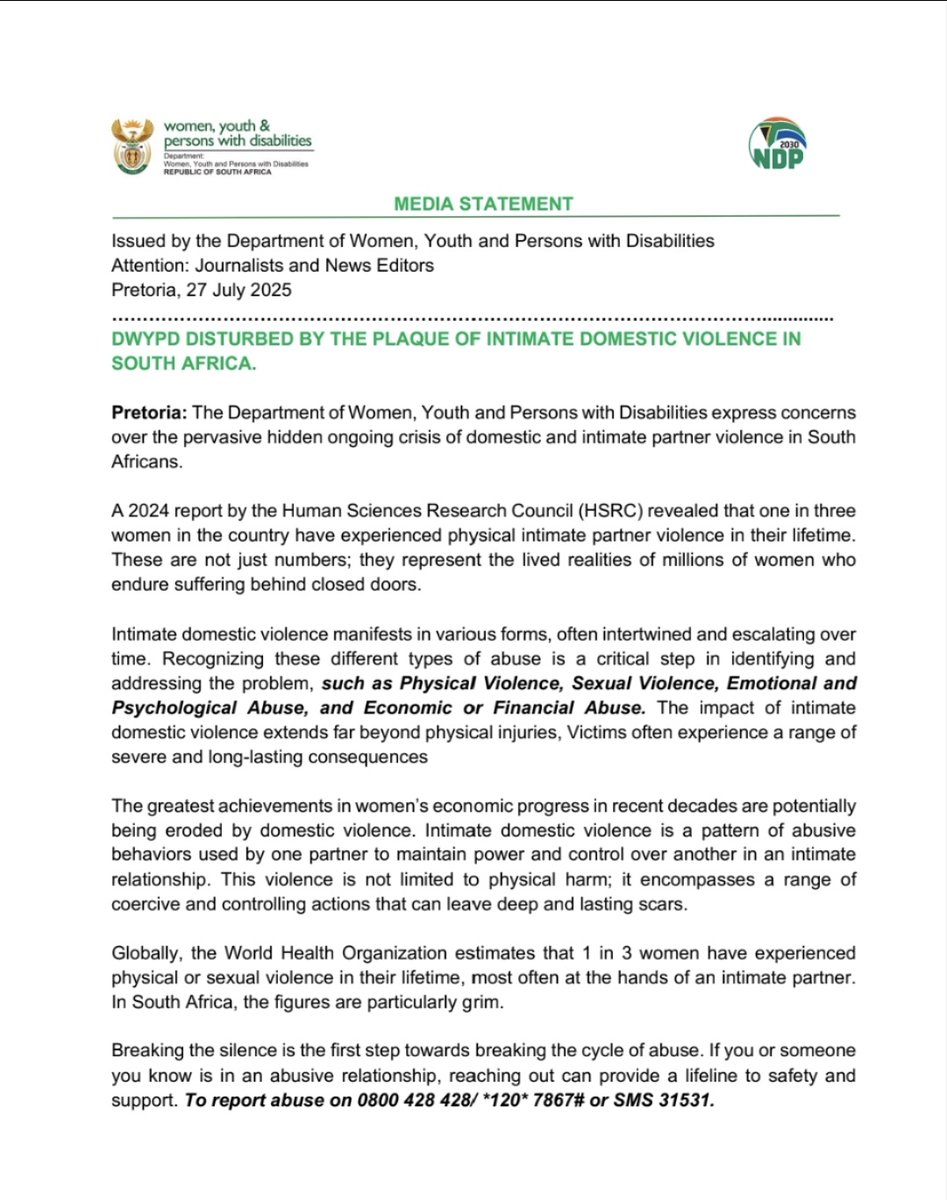 DWYPD_ZA's tweet image. 📢 Media Statement | 27 July 2025
@DWYPD_ZA is alarmed by the high rates of intimate partner and domestic violence in South Africa.