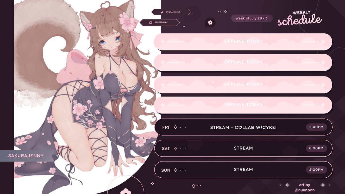 SakuraJennyVT's tweet image. 🌸Stream Schedule 🌸
📅: July 28th - 3rd august
I'm finally back! Excited to move permanently, which means no restrictions on how much I can stream tihi
Starting off with a bang collab with @CyKeiVT and @bijouvos &lt;3