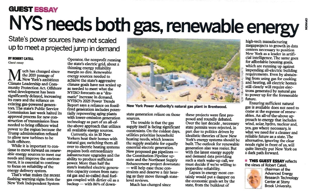 Following @newyorkiso warning signs about reliability, <a href="/AERTC_SBU/">AERTC</a>'s Robert Catell calls for an all-of-the-above strategy to secure NY’s clean energy future—including fair reviews for the Constitution Pipeline and Northeast Supply Enhancement project.

Read his <a href="/Newsday/">Newsday</a> op-ed: