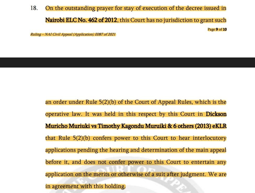 KensonMutethia's tweet image. I've seen this issue arise severally and Advocates should take judicial notice by now: The Court of Appeal does not have jurisdiction & it is restated so severally, to stay its own Judgments. Theres no equivalent O42 R6 in CoA Rules by which you stay HC & Subordinates Judgments.