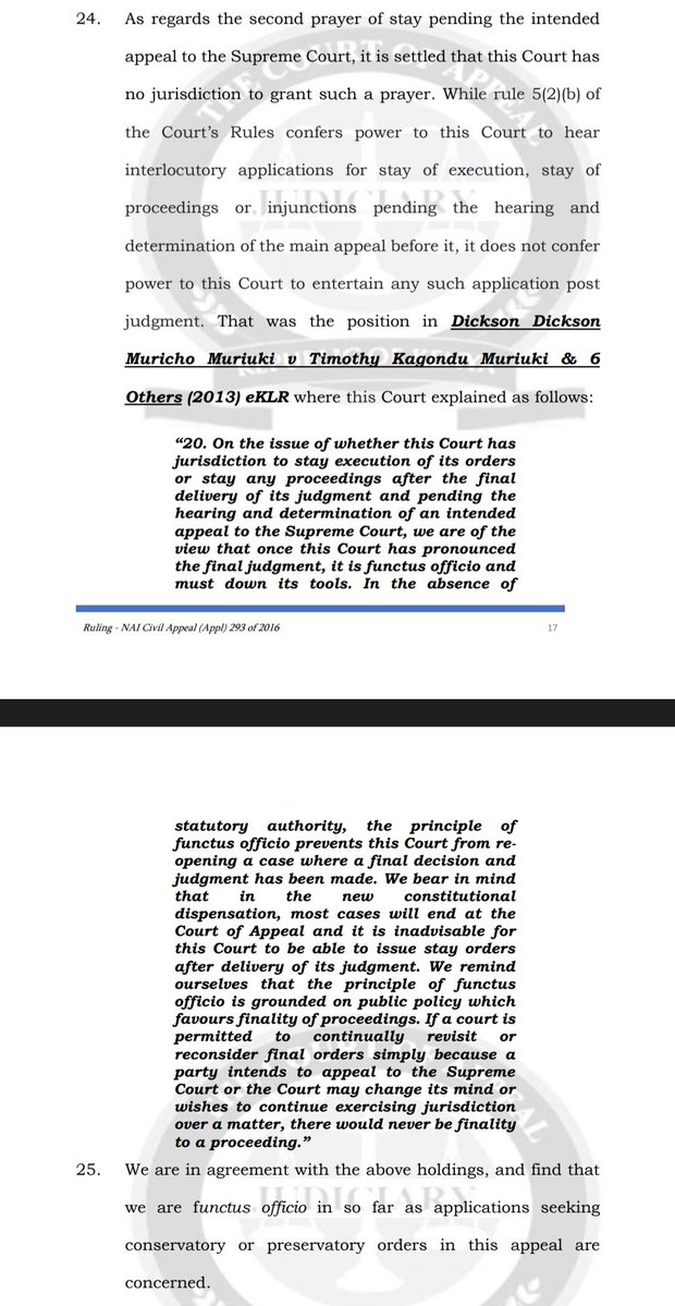 KensonMutethia's tweet image. I've seen this issue arise severally and Advocates should take judicial notice by now: The Court of Appeal does not have jurisdiction & it is restated so severally, to stay its own Judgments. Theres no equivalent O42 R6 in CoA Rules by which you stay HC & Subordinates Judgments.