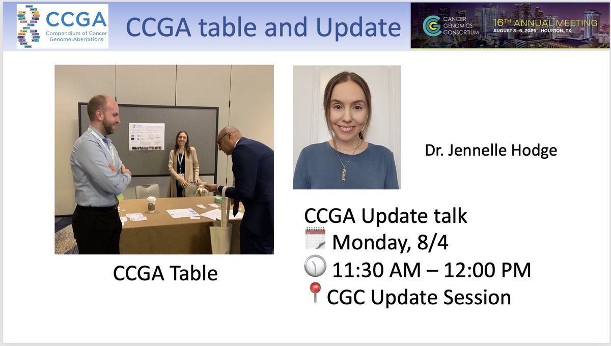 📅 Just 2 days until #CGCAnnual2025!
Be sure to stop by the CCGA table to learn more about our work and how we support the clinical genomics community.

And don’t miss Dr. Jennelle Hodge's talk on CCGA updates:
🗓 Monday 8/4 | 🕦 11:30–12:00 | 📍CGC Update Session

See you there!