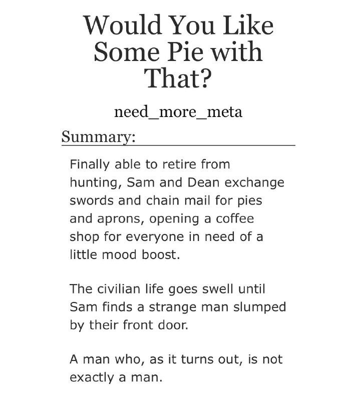 ❤️Would You Like Some Pie with That?💙

Coffee Shop AU + Fantasy AU #wincest, explicit, getting together, stuffed with anachronisms, work in progress

Prologue + Chapter 1

archiveofourown.org/works/68089301…