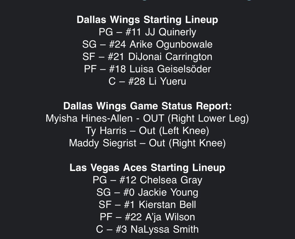 Sara Jane Gamelli (@sarajgamelli) on Twitter photo JJ Quinerly gets the start for Dallas, Kierstan Bell gets the starting nod for the Aces JJ Quinerly gets the start for Dallas, Kierstan Bell gets the starting nod for the Aces