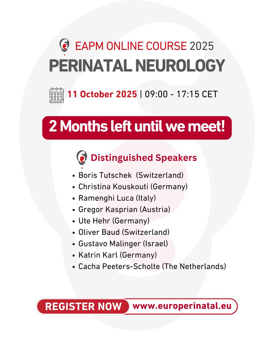 2 months left until we meet at this excellent #EAPM course to be led by distinguished experts in the field, this online course is tailored for #neonatologists, #obstetrics, and #geneticists.

📣3 months of on-demand access included.

Register here ✅: bit.ly/3OE8USJ