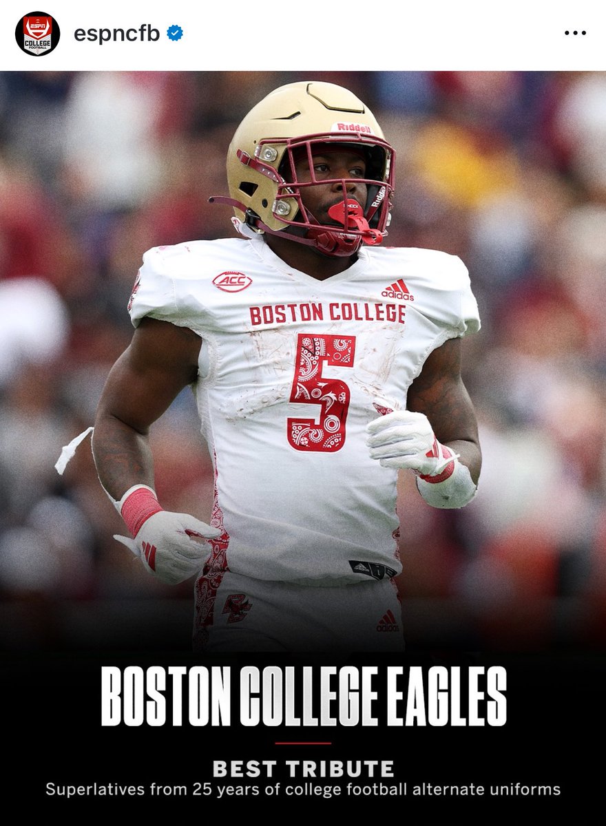 ESPN awards <a href="/BCFootball/">Boston College Football</a> with the “Best Tribute” alternate uniform for the Eagles’ Red Bandanna uniform, which BC wears every year in honor of Welles Crowther, a former BC graduate/lacrosse player and 9/11 hero who saved countless lives during the attacks.