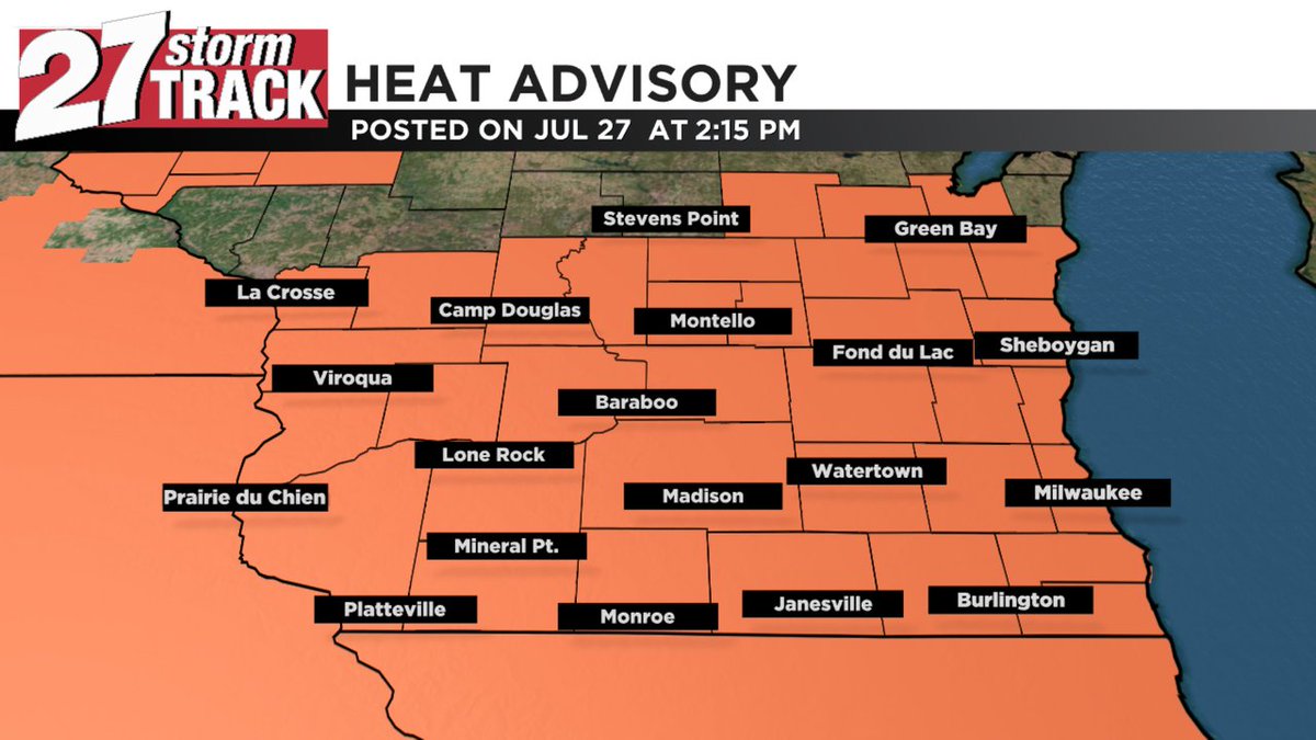 27StormTrack's tweet image. A Heat Advisory has been issued for the highlighted counties until Jul 28 8:00PM. Watch WKOW for the latest information.