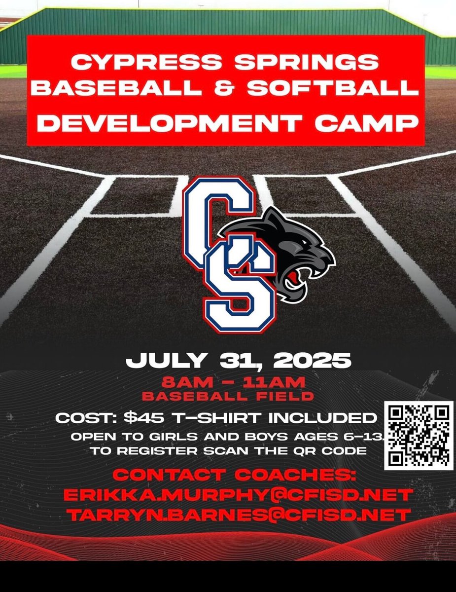 Reminder! This will be a fun-filled time! Parent/guardians..  If you’re interested please sign up here: 

form.jotform.com/251733848295165

Date: July 31, 2025
Time: 8am-11am
Cost: $45 – t shirt included/pay when you arrive 
Location: Cy Springs Baseball Field
Ages: 6-13 (Boys and Girls)