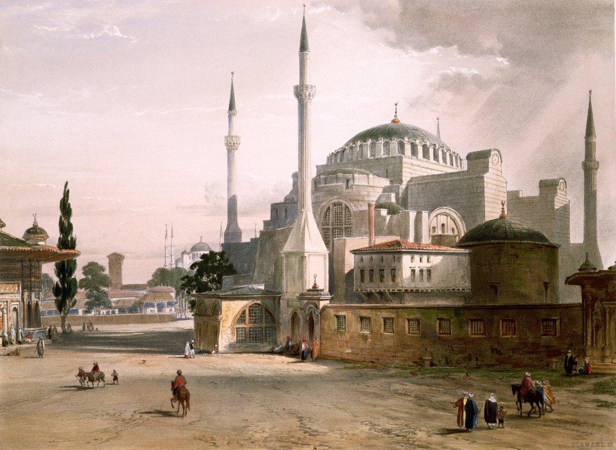 heartefact's tweet image. hagia sophia grand mosque, as depicted in an 1852 lithograph.