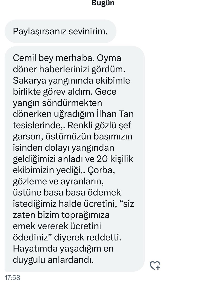 Sakarya İlhan Tan Tesislerindeki renkli gözlü şef, yangından dönen 20 kişilik ekibimizden 1 kuruş bile ücret almamış.

İyi ki varsın! Allah razı olsun! 👏🏻

#BursaYanıyor #TürkiyeYanıyor