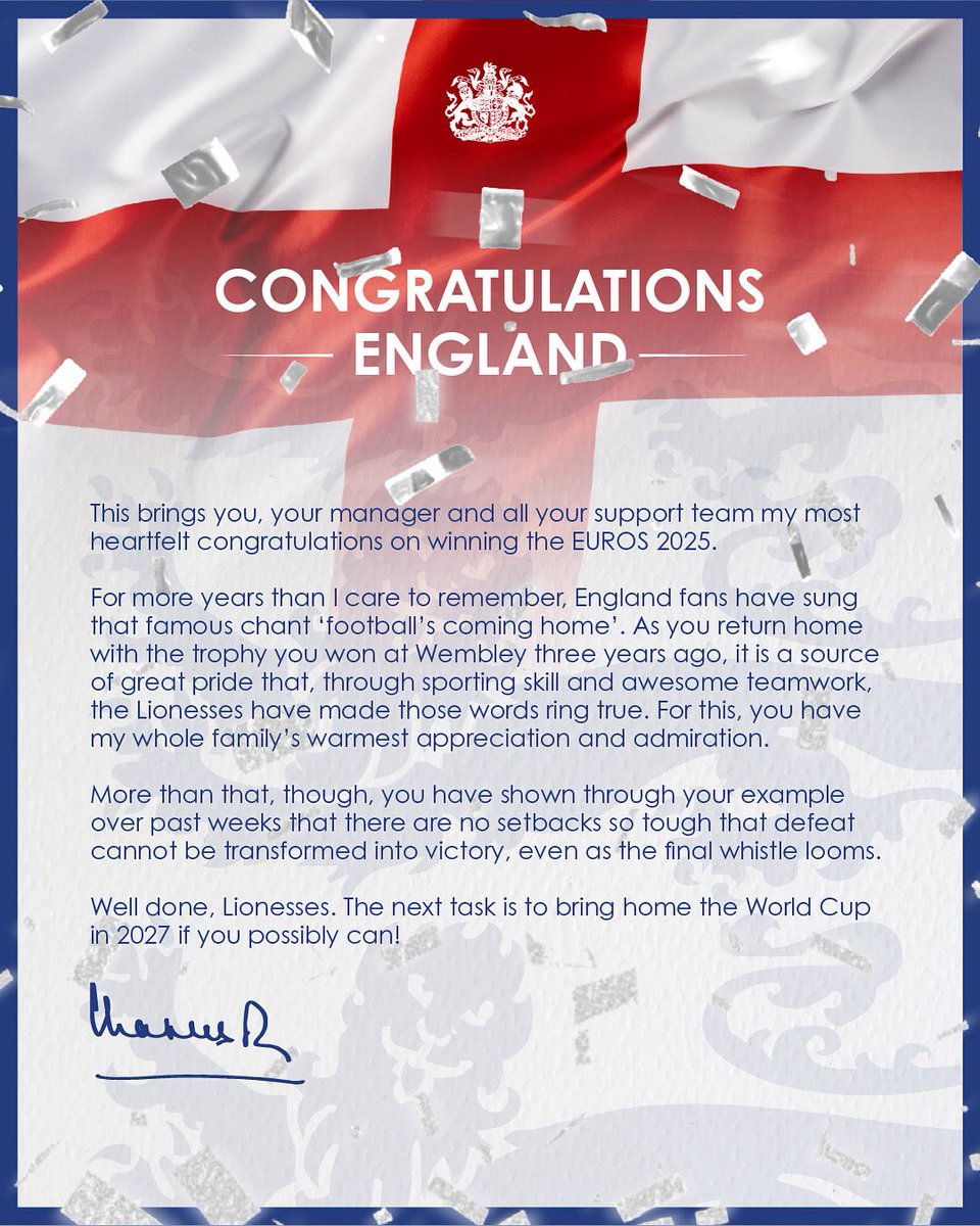 Congratulations to our valiant <a href="/Lionesses/">Lionesses</a>! 🦁🦁🦁

A message from The King following the team’s victory at the Women’s Euros 2025.

#WEURO2025