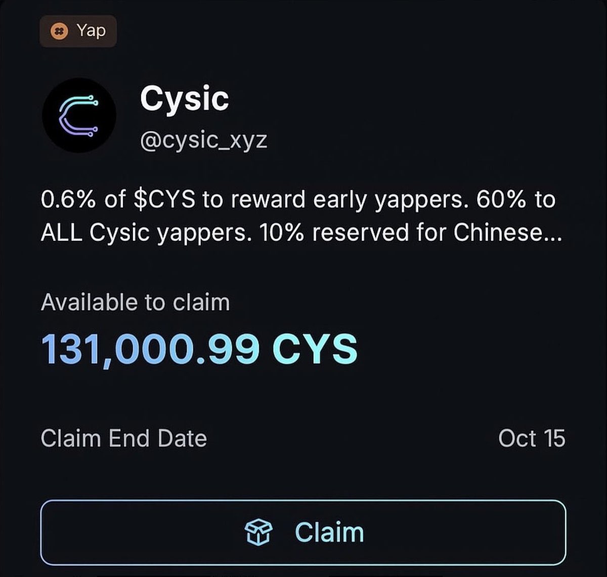 everywhereweb3's tweet image. 0.6% of $CYS to reward early yappers. 60% to ALL Cysic yappers. 10% reserved for Chinese...
Will you be eligible? @cysic_xyz