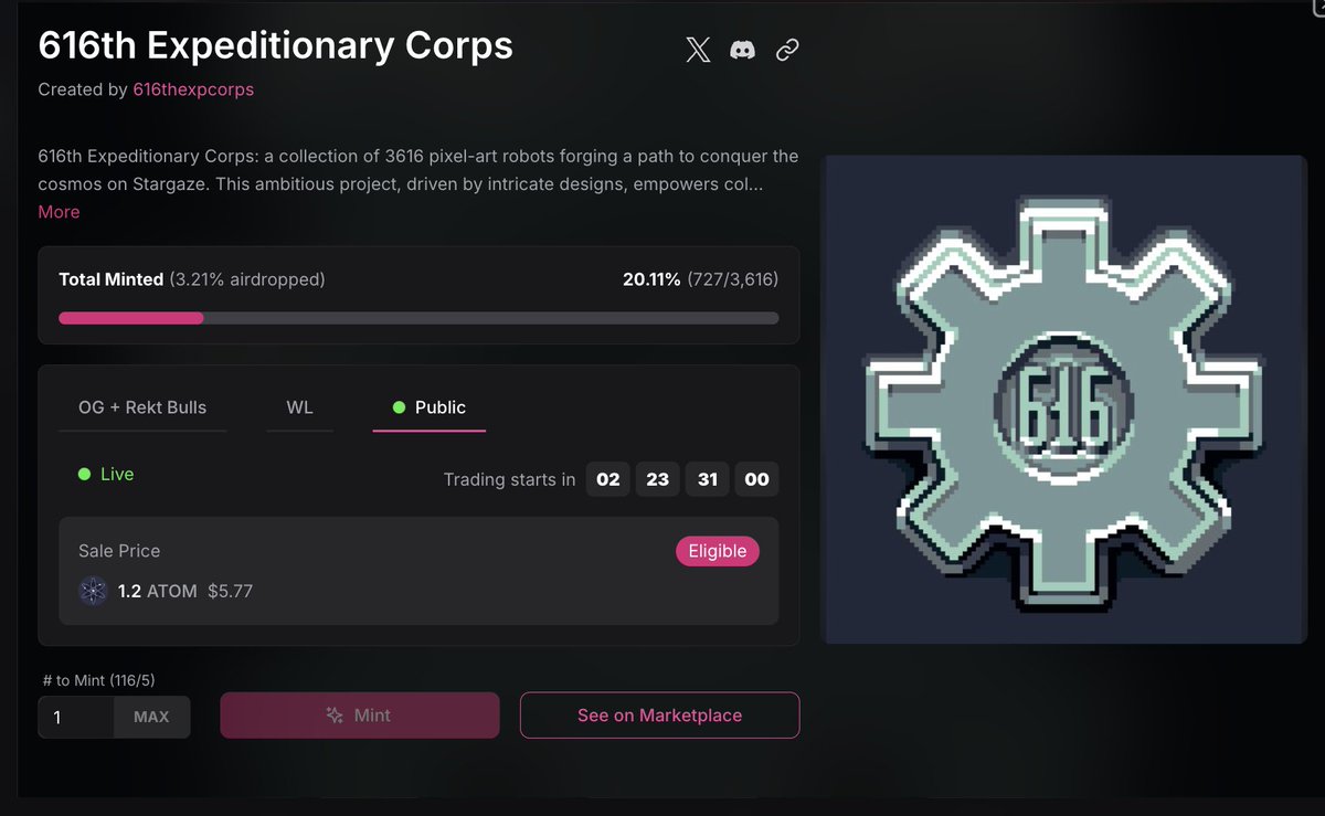 616ExpCorps's tweet image. Every day, we're getting closer to our goal-20% done, the mint is live!⚙️
Mint:stargaze.zone/l/616thxpediti…
@StargazeZone