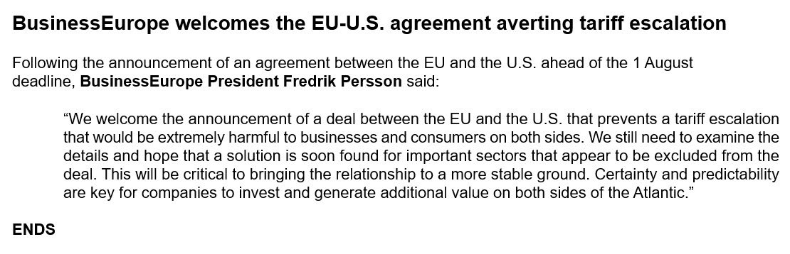 BusinessEurope welcomes the EU-U.S. agreement averting tariff escalation

See our #pressrelease👇
