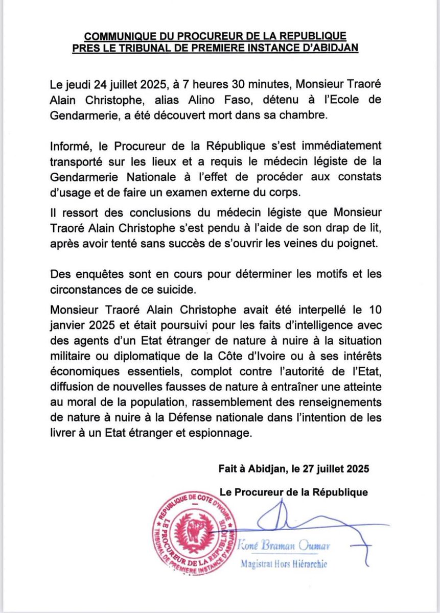 LeaderNewsCI's tweet image. 🔴 #cotedivoire
Alino Faso retrouvé mort dans sa cellule à l&apos;école de Gendarmerie

&quot;...Il ressort des conclusions du médecin légiste que Monsieur Traoré Alain Christophe s’est pendu à l’aide de son drap de lit, après avoir tenté sans succès de s’ouvrir les veines du poignet...&quot;…