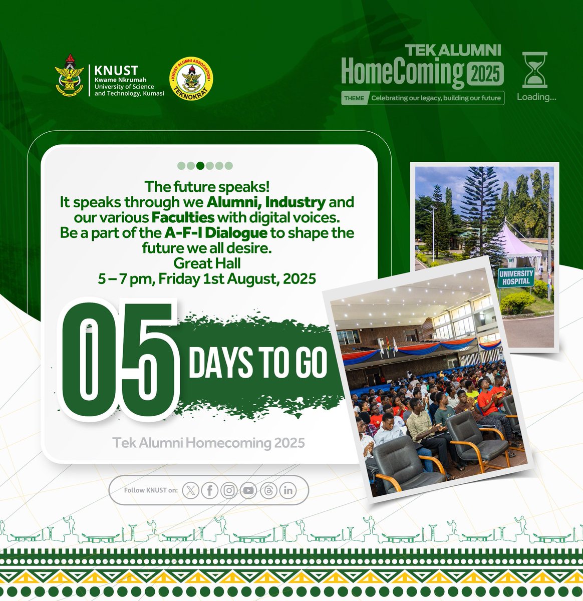 KNUSTNotice's tweet image. ‼️TEK ALUMNI HOMECOMING 2025‼️
5 Days more to the TEK ALUMNI HOMECOMING 2025. Grab this opportunity to walk beside and empower a young one. Join the Alumni Mentorship Session at your Faculty from 1-4 pm on Friday, 1st August, 2025.
#TekAlumniHomecoming
