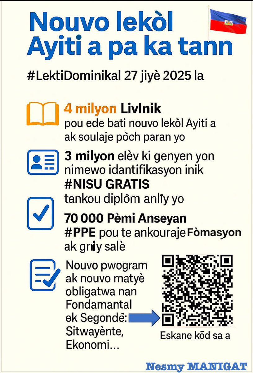 #LektiDominikal | Nouvo lekòl Ayiti a pa ka tann.

Refòm kourikoulòm 2024–2054 lan mande:
✅ Nouvo apwòch pedagojik
✅ 4 nouvo matyè obligatwa pou lekòl la konekte ak lavi reyèl
✅ #LivInik an kreyòl Ayisyen
✅ Apwòch pa konpetans
✅ #PèmiAnseyan &amp; Nimewo inik pou chak elèv #NISU
