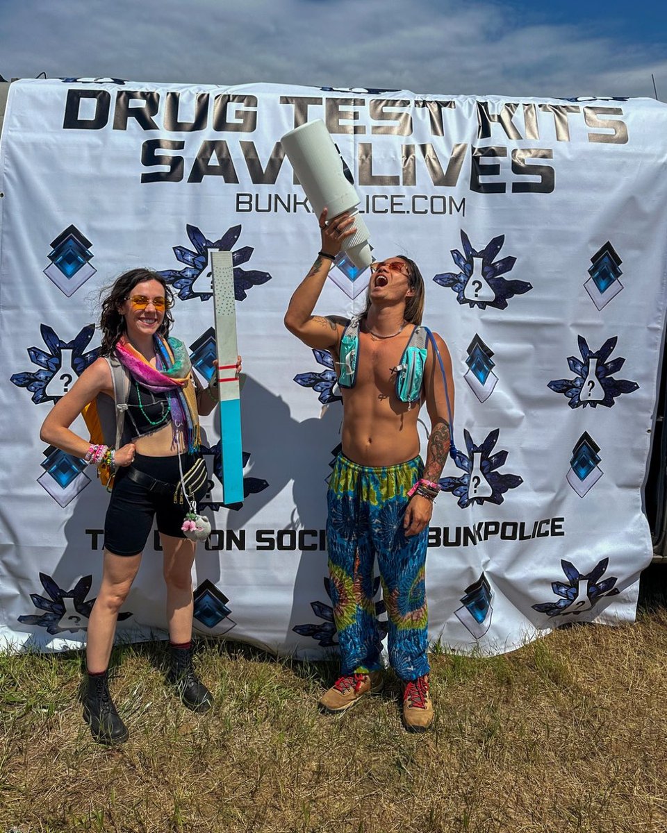 BunkPolice's tweet image. This past Electric Forest, we debuted our new photo wall—complete with oversized harm reduction props like our fent test strip and reagent bottle! 🧪📸 What oversized drug safety tool should we make next?