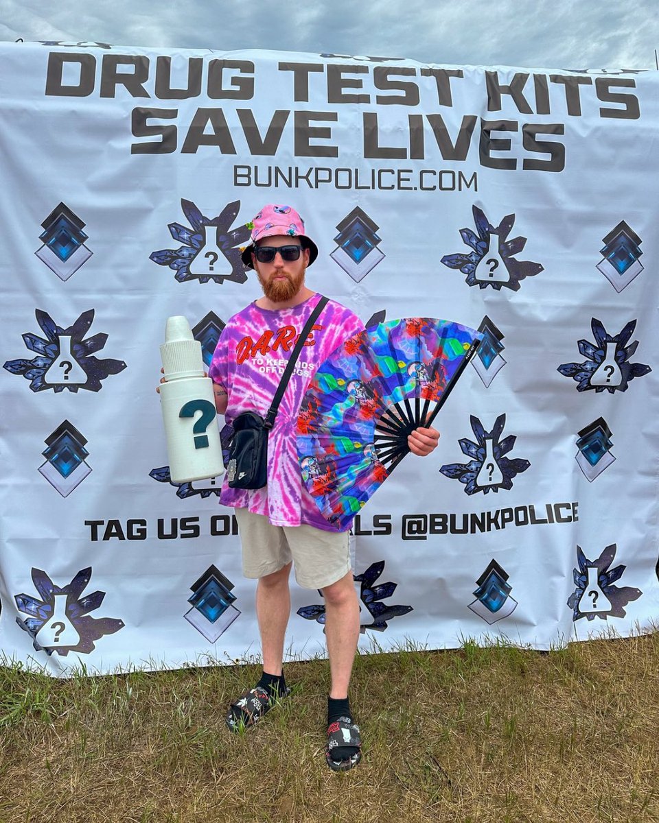 BunkPolice's tweet image. This past Electric Forest, we debuted our new photo wall—complete with oversized harm reduction props like our fent test strip and reagent bottle! 🧪📸 What oversized drug safety tool should we make next?
