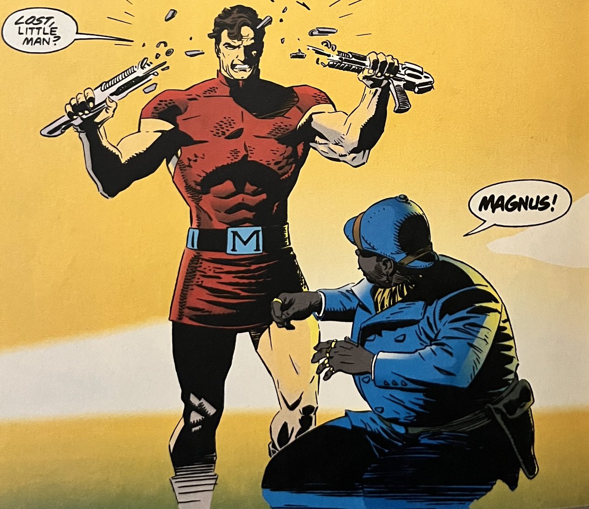 PowerCosmic13_'s tweet image. Magnus by Lee Weeks, from Predator Vs Magnus #1. Art kind of looks like early Mike Mignola. Great use of shadow