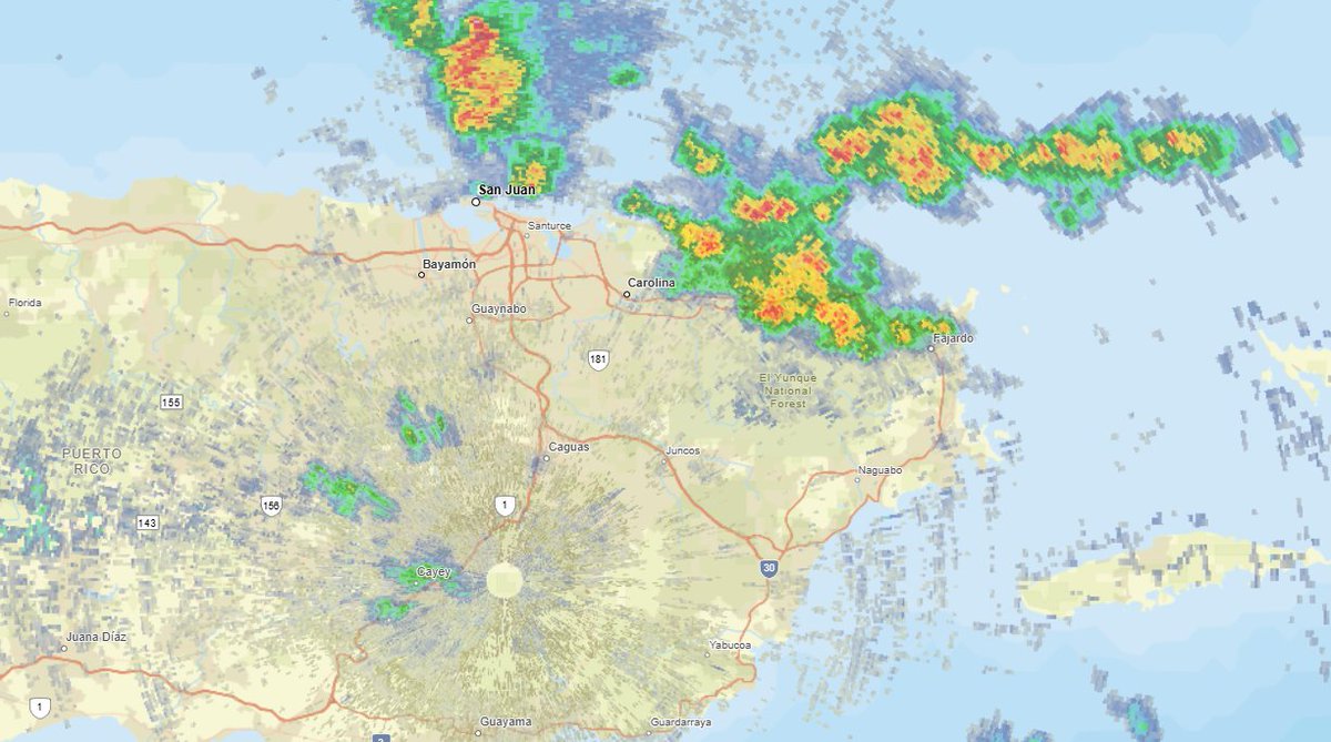 NWSSanJuan's tweet image. Fajardo, Luquillo, Río Grande. Loíza: Tormentas eléctricas se mueven sobre estos municipios. Favor ejercer precaución. Thunderstorms area moving over these areas. Exercise caution. #prwx