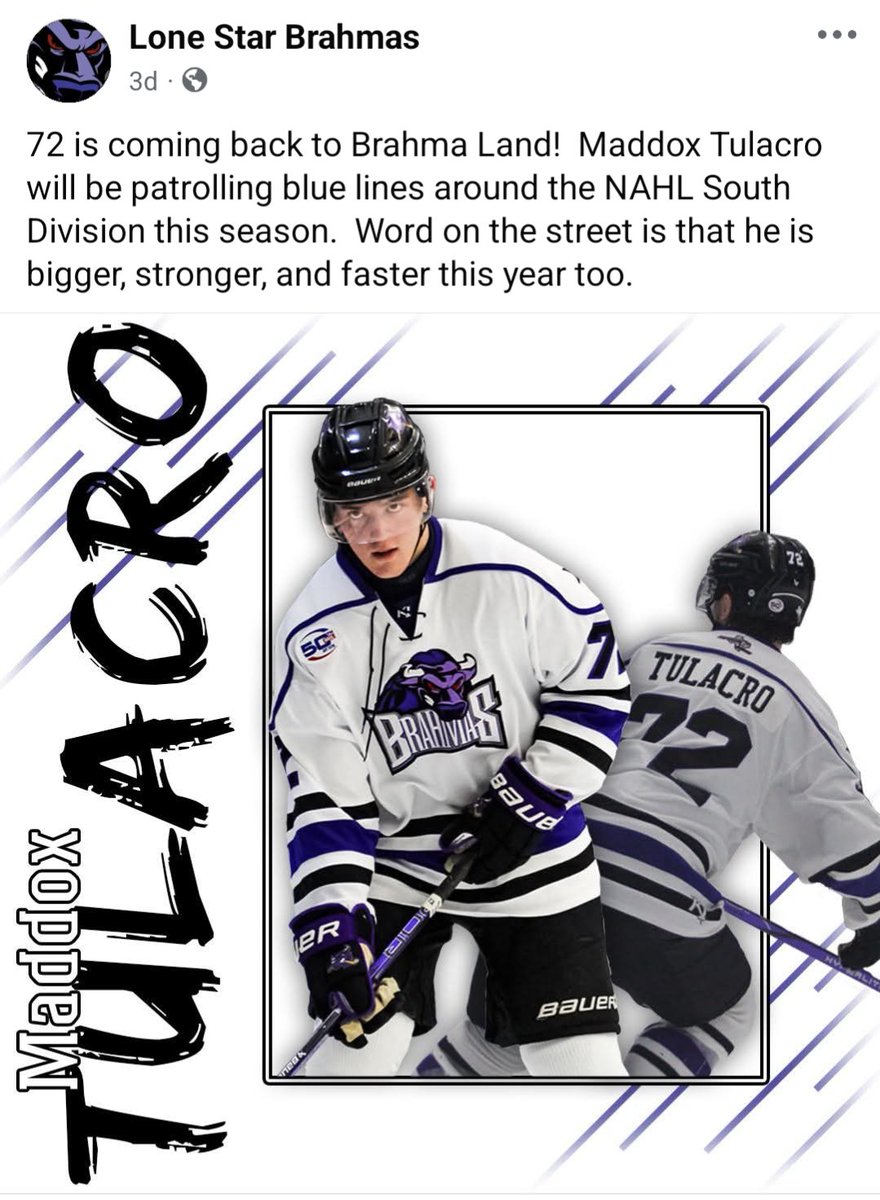 Chesapeake Hockey Week Podcast (@chesapeakehwpod) on Twitter photo Bethesda native Maddox Tulacro is staying with the <a href="/LoneStarBrahmas/">Lone Star Brahmas ๐</a> next season for his overage season, per the team's Facebook page. Bethesda native Maddox Tulacro is staying with the <a href="/LoneStarBrahmas/">Lone Star Brahmas ๐</a> next season for his overage season, per the team's Facebook page.