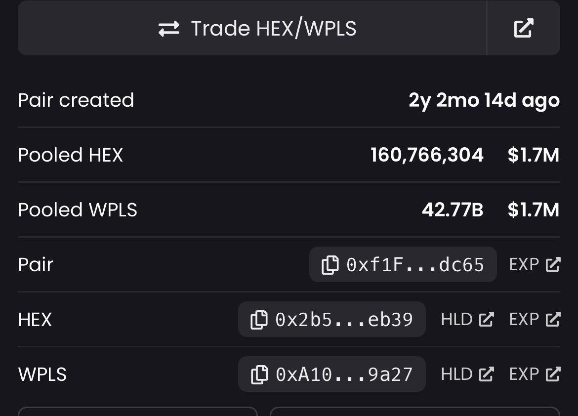 Noonney4's tweet photo. Am I reading this right. Only 160M #hex hex in the liquidity pool according to @dexscreener https://t.co/713H9Gekkr