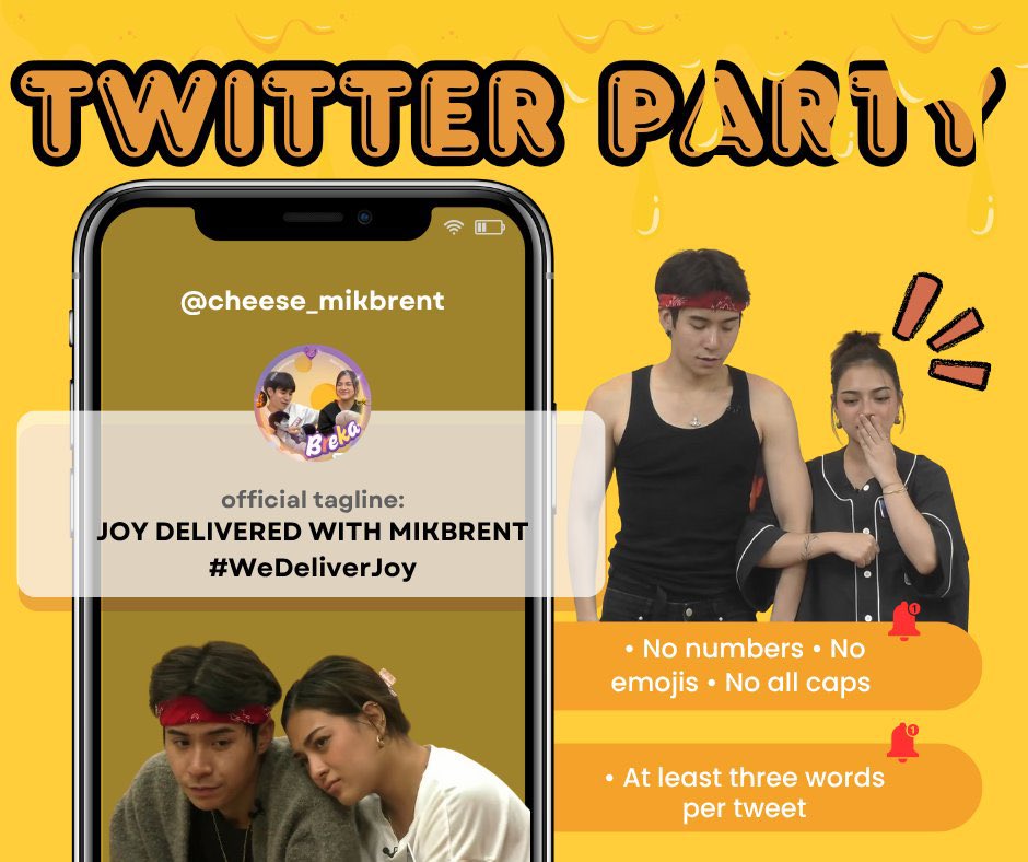 cheese_mikbrent's tweet image. Get ready to tweet! Join us for our Twitter party using our Official Tagline: JOY DELIVERED WITH MIKBRENT
Reminders:
โข No numbers
โข No emojis
โข No all caps
โข At least three words per tweet
โข Engage with big accounts
JOY DELIVERED WITH MIKBRENT
