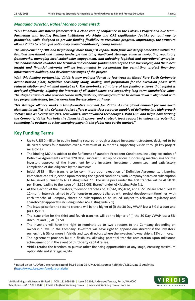 Viridis Mining and Minerals Limited (@viridis_vmm) on Twitter photo Viridis Mining and Minerals $VMM pleased to announce “ Viridis Secures Strategic Partnership to Fund Pathway to FID and Project Execution - Cornerstone Investment of up to US$30M (AU$46M) from Brazil’s Leading Institution”
ASX Announcement:
wcsecure.weblink.com.au/pdf/VMM/029712…
#Viridis #VMM Viridis Mining and Minerals $VMM pleased to announce “ Viridis Secures Strategic Partnership to Fund Pathway to FID and Project Execution - Cornerstone Investment of up to US$30M (AU$46M) from Brazil’s Leading Institution”
ASX Announcement:
wcsecure.weblink.com.au/pdf/VMM/029712…
#Viridis #VMM