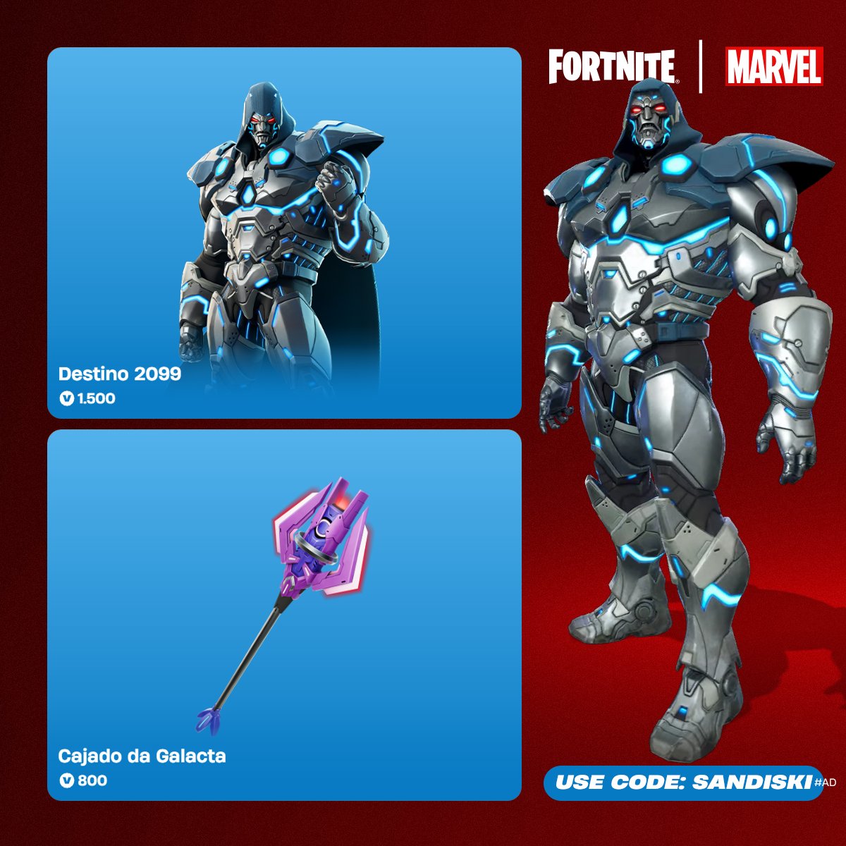 sandiskifn's tweet image. Destino 2099 e o Cajado da Galacta estão disponíveis na Loja de Itens até 30 de Julho! #Fortnite
🫂 Use o código SANDISKI ao adquirir, me ajuda muito! #ad