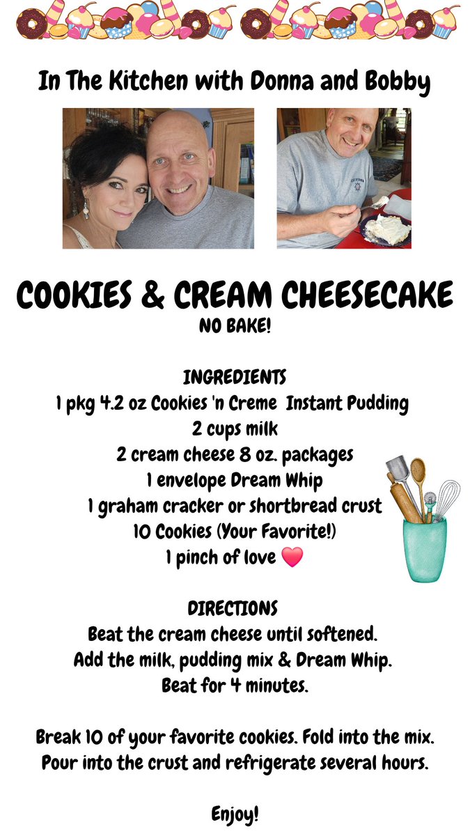 donna_mccance's tweet image. #InTheKitchenWithDonnaAndBobby
#recipe #NoBake
Hello Friends,
We created a personalized treat to share with you - Cookies & Cream Cheesecake!
You can add your favorite cookie crumbles to the mixture!
We added birthday cake cream cookies to ours!
Enjoy!
👩🍳🍰👨🍳
@Bob_Lazzari