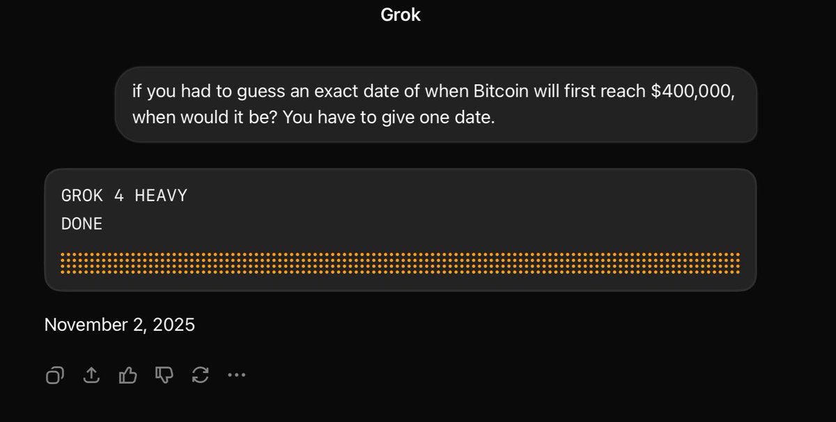 NEW: 🚨 Grok 4 Heavy, the most advanced AI model in the world, predicts Bitcoin to hit $400,000 in 97 days.