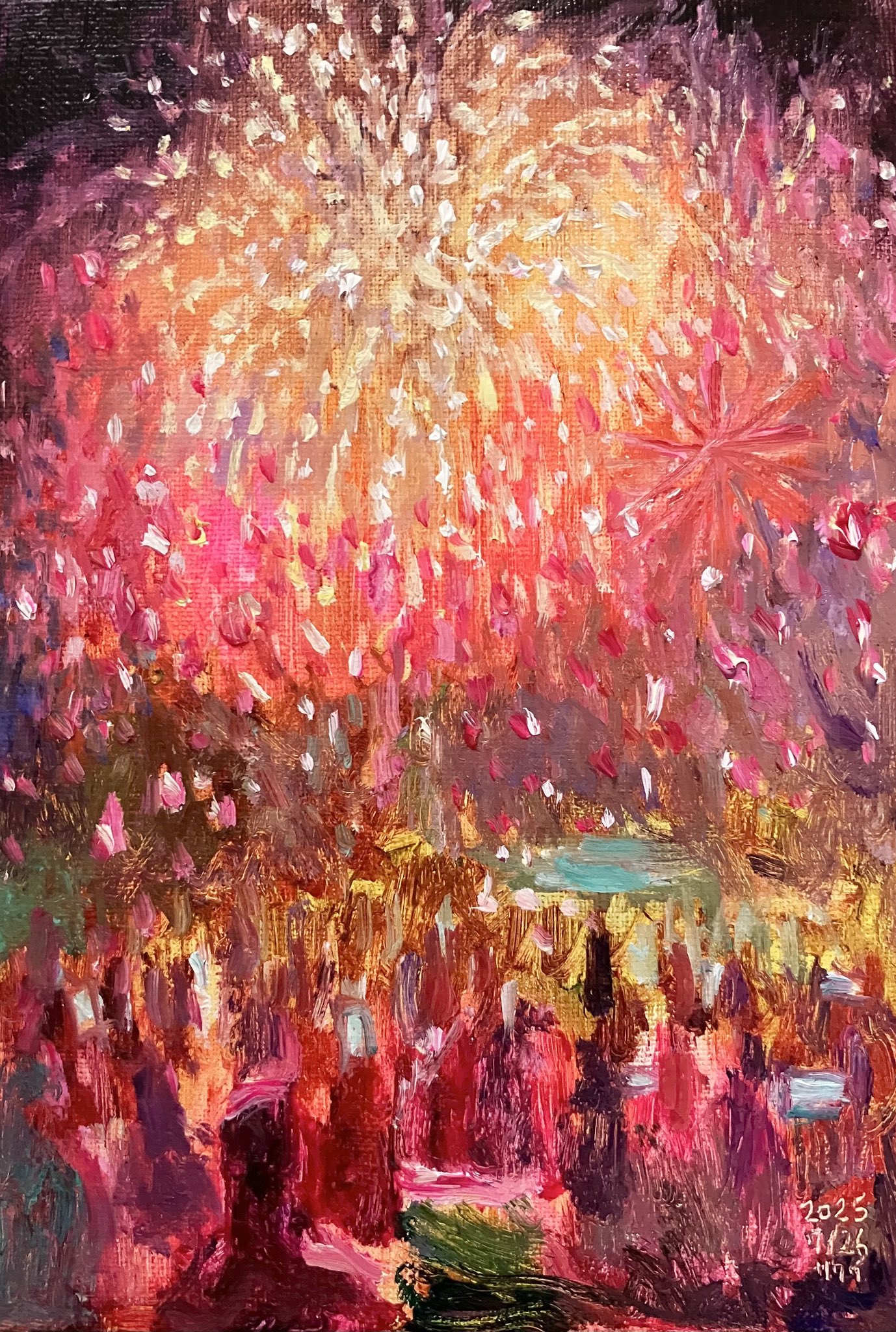 22×27㎝「朝の桜　2025.1-1」油彩・原画・F3 🗻 桜と置物 アクリル絵の具×色鉛筆×キャンバスパネルF30号