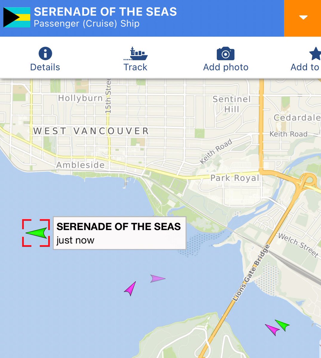 bobmackin's tweet image. Happening now: Cruise ship Serenade of the Seas departure delayed by a stop off Ambleside Beach, shortly after report of a police or medical incident on the Lions Gate Bridge.