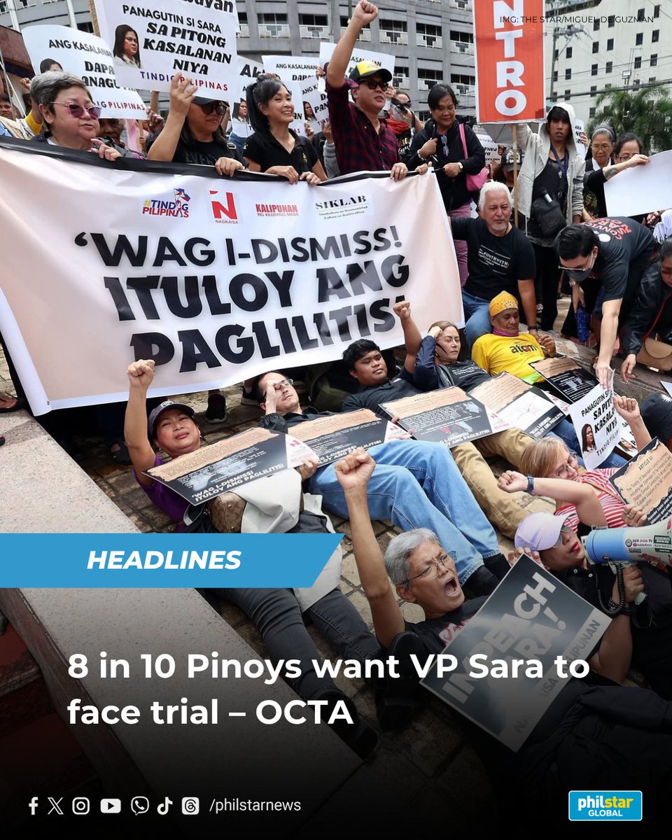 80% OF PINOYS SAY VP SARA SHOULD FACE TRIAL

The Supreme Court may have declared it as unconstitutional, but a majority of Filipinos support the impeachment trial of Vice President Sara Duterte, a survey conducted by the OCTA Research group showed.

Read: philstar.com/headlines/2025…