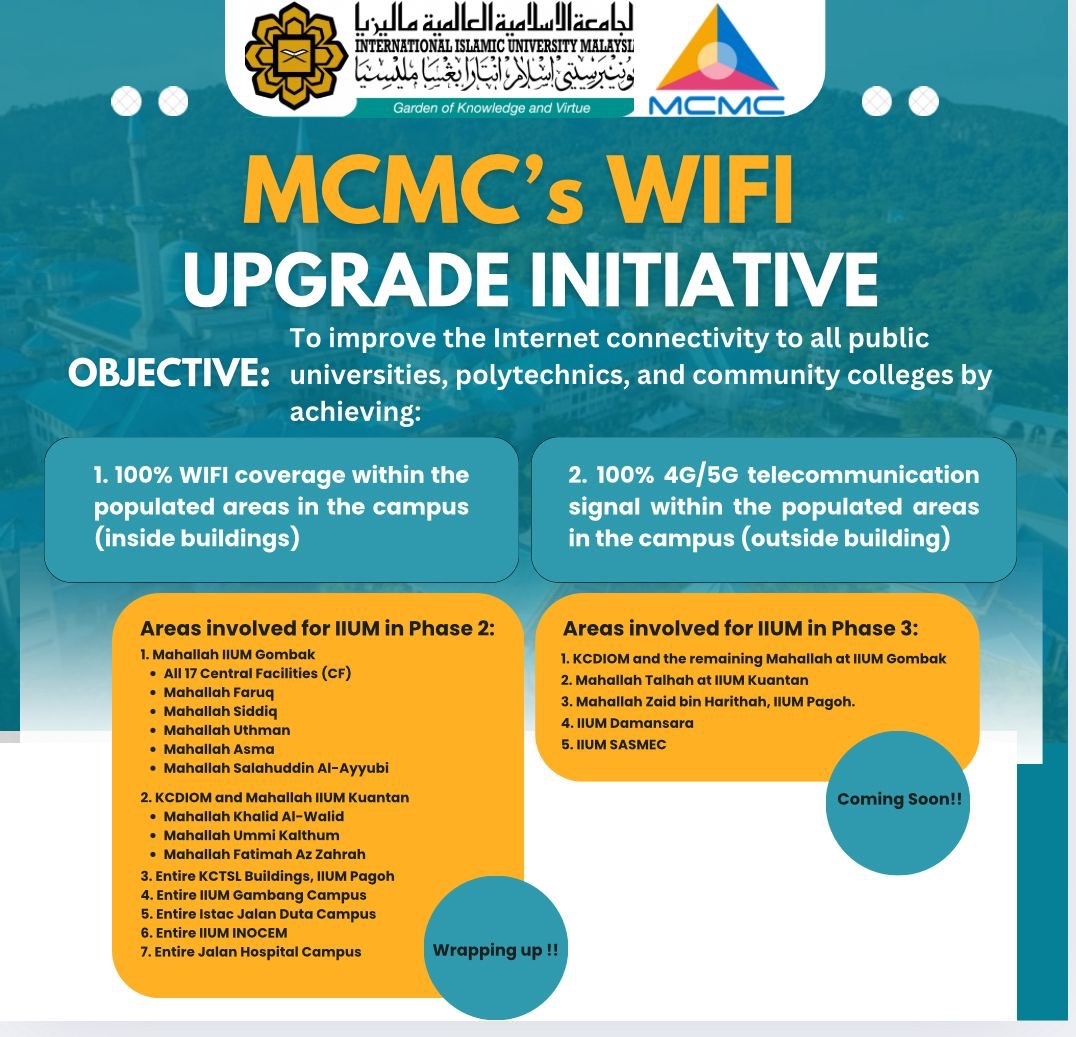 🚨 NEARING COMPLETION: IIUM WiFi Upgrade Project (Phase 2)

✅ 100% coverage in targeted buildings
✅ 6,074 new APs installed in hostels
✅ Upgraded legacy infrastructure
🎯 Support &amp; Warranty Phase begins 1 Aug 2025
📢 Feedback welcome for final tuning
🔜 Phase 3 coming soon!