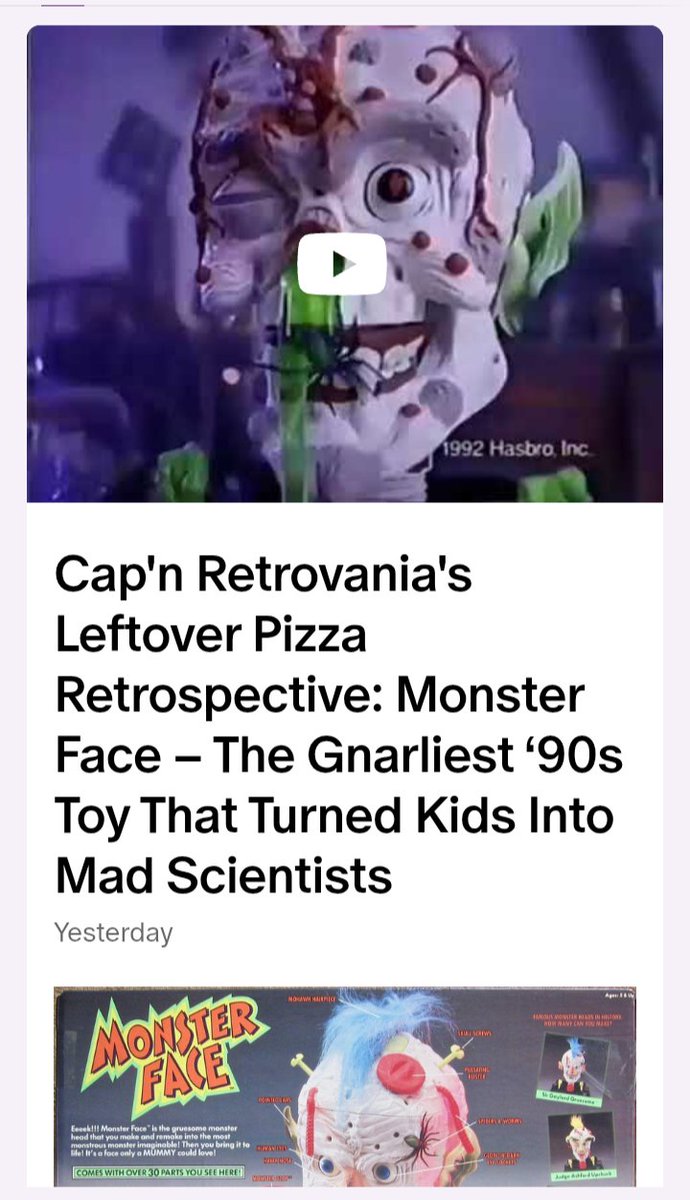 RetrovaniaLand's tweet image. Yo, Retrovanianites! 🍕🧪 Cap'n Retrovania’s droppin’ the gnarliest ‘90s nostalgia bomb yet: Monster Face – The Gnarliest ‘90s Toy That Turned Kids Into Mad Scientists! 💀 Join the Leftover Pizza Power Kids Club on Patreon to read this rad retrospective & snag exclusive retro…