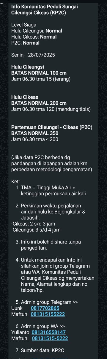KP2C (@kp2c_info) on Twitter photo InfoKP2C #TMA #Senin28Juli2025 hulu Cileungsi, Cikeas & P2C Normal. Cileungsi terang dan Cikeas mendung tipis <a href="/infoJATIASIH/">Jatiasih™</a> <a href="/kec_jatiasih/">KECAMATAN JATIASIH | #AyoPakaiMasker</a> <a href="/pemkotbekasi/">Pemerintah Kota Bekasi</a> <a href="/bogorkab/">Pemerintah kabupaten Bogor | #75TahunJabar</a> <a href="/BPBDJabar/">BPBD Provinsi Jawa Barat</a> <a href="/bpbdbogorkab/">bpbdbogorkab</a> <a href="/pastigana/">Pastigana BNPB</a> <a href="/txtdrbekasi/">TxtdariBekasy 🇵🇸</a> #SiapUntukSelamat #BudayaSadarBencana #StaySafe #StayHealthy InfoKP2C #TMA #Senin28Juli2025 hulu Cileungsi, Cikeas & P2C Normal. Cileungsi terang dan Cikeas mendung tipis <a href="/infoJATIASIH/">Jatiasih™</a> <a href="/kec_jatiasih/">KECAMATAN JATIASIH | #AyoPakaiMasker</a> <a href="/pemkotbekasi/">Pemerintah Kota Bekasi</a> <a href="/bogorkab/">Pemerintah kabupaten Bogor | #75TahunJabar</a> <a href="/BPBDJabar/">BPBD Provinsi Jawa Barat</a> <a href="/bpbdbogorkab/">bpbdbogorkab</a> <a href="/pastigana/">Pastigana BNPB</a> <a href="/txtdrbekasi/">TxtdariBekasy 🇵🇸</a> #SiapUntukSelamat #BudayaSadarBencana #StaySafe #StayHealthy