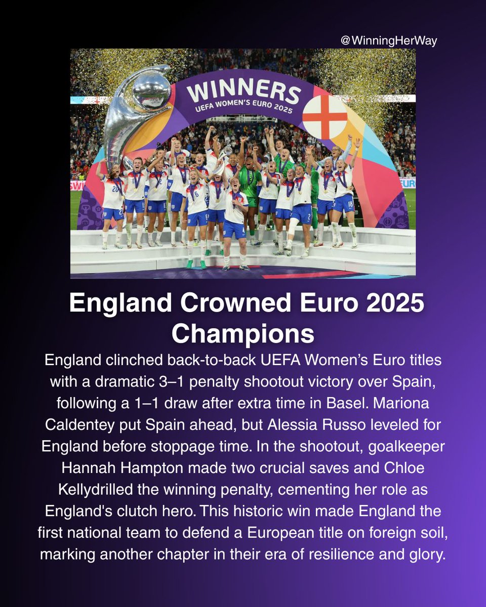 Winningherway's tweet image. The Lionesses made history in Basel, winning back-to-back UEFA Women’s Euro titles with a 3–1 shootout victory over Spain. Congratulations🌟 

#Lionesses #WEURO2025 #WomensFootball #BackToBack #HerGameToo #Champions #WomenInSport #England #GameChangers #winningherway