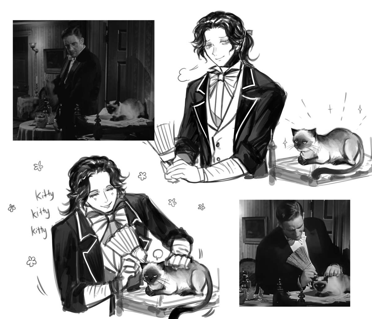 B_JR2203's tweet image. George in Hangover Square 1945 adopted a siamese cat (she was left in front of Netta's house if im not wrong), and he really loved the cat 🥺🤲💖 thats so cute so i drew