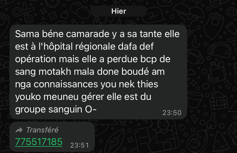 🚨🚨🚨 Une tante a besoin de sang. Elle est du groupe sanguin 0- et se trouve actuellement à l’hôpital régional de Thiès.

Maximum de partage s’il vous plaît 🙏🏾
