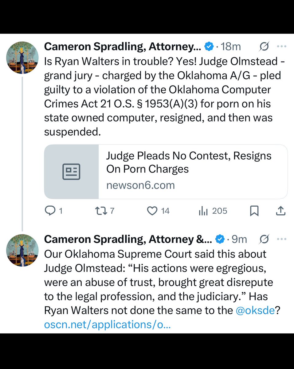 CamSpradling's tweet image. Four simple steps: 1) Request an OSBI investigation - can be done by the Governor, the A/G, or a legislative committee w/ subpoena power; 2) Seize all dowloaded porn and porn Walters has deleted; 3) Grand Jury; and 4) Indict! - Turn the media hounds of hell loose on his ass!