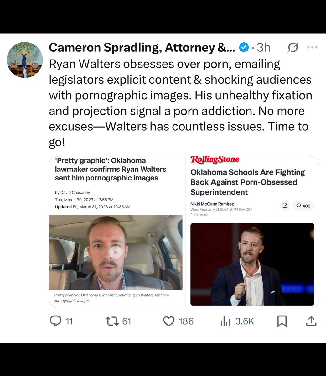 CamSpradling's tweet image. Four simple steps: 1) Request an OSBI investigation - can be done by the Governor, the A/G, or a legislative committee w/ subpoena power; 2) Seize all dowloaded porn and porn Walters has deleted; 3) Grand Jury; and 4) Indict! - Turn the media hounds of hell loose on his ass!