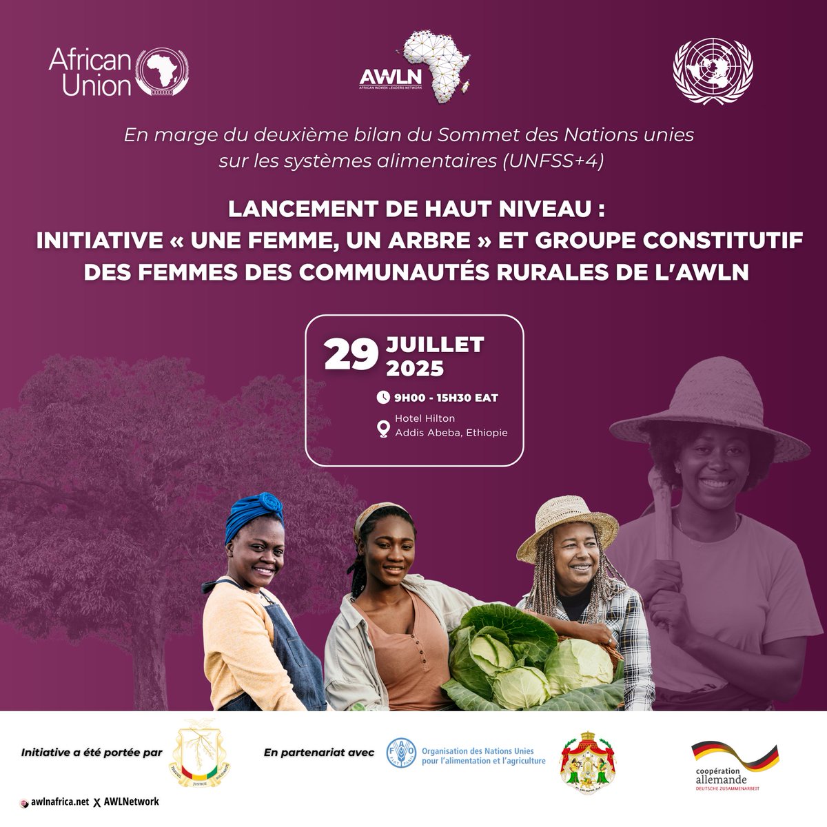 AWLNetwork's tweet image. 🌿 En marge du #UNFSS4, rejoignez-nous pour le lancement de haut niveau de l’initiative « Une Femme, Un Arbre » et du groupe constitutif des Femmes des communautés rurales de l' @AWLNetwork ».
Les femmes des communautés rurales en Afrique sont la colonne vertébrale de nos…