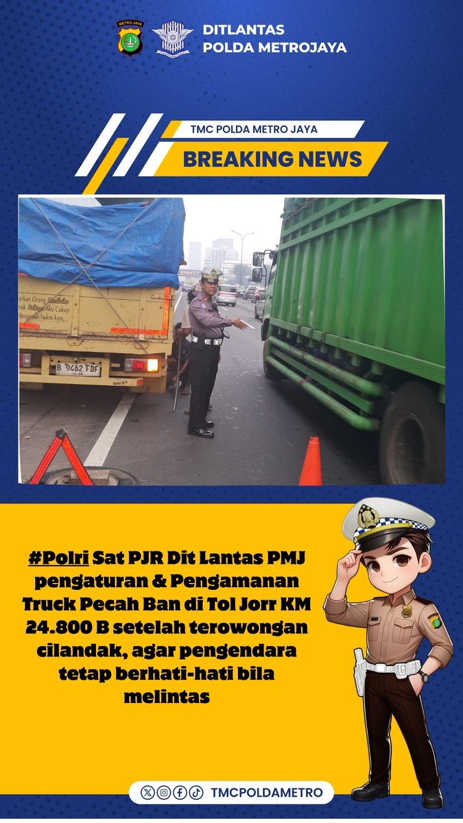 TMCPoldaMetro's tweet image. 07.32 #Polri Sat PJR Dit Lantas PMJ pengaturan & Pengamanan Truck Pecah Ban di Tol Jorr KM 24.800 B setelah terowongan Cilandak, agar pengendara tetap berhati-hati bila melintas