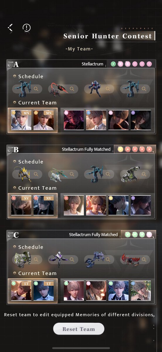NemT1016's tweet image. Senior Hunter Contest. This season is all 5 star solars from the get go! Have fun girls. Only Team A requires brute force but Lumiere is well suited for mobs and he should manage well. These were my stats. All the best. 💜💫
#Xavier #SHC