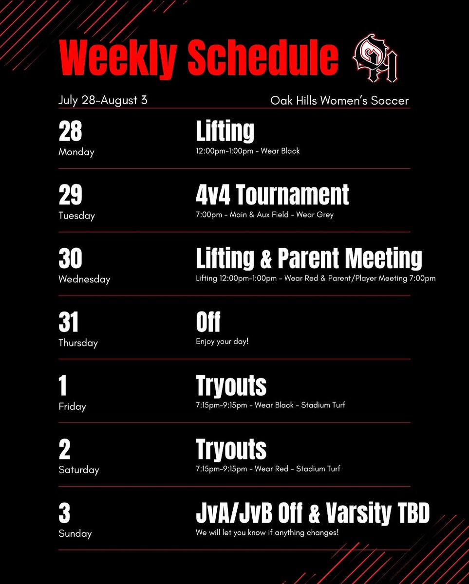 OakHillsWSOC's tweet image. Here&apos;s your weekly schedule! 

Lots happening, stay on top of your calendars and keep an eye on our messages!

Best of luck to everyone trying out! 💪⚽️