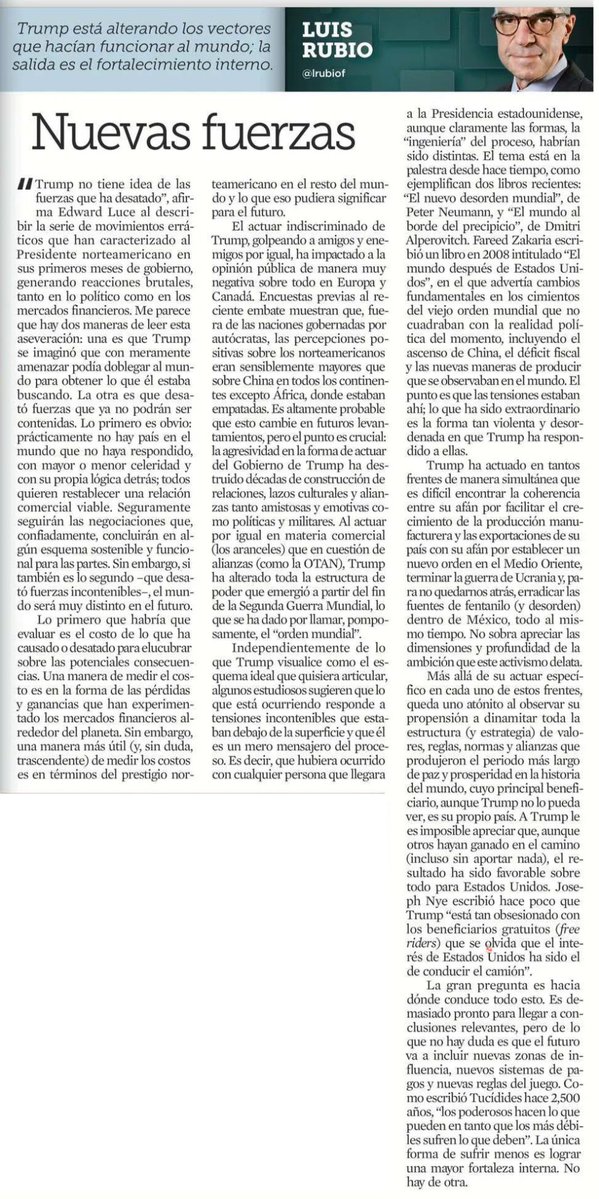 EdnaJaime's tweet image. A propósito de Trump, hoy @lrubiof nos recuerda una lección de hace 2500 años: Tucídides escribió "los poderosos hacen lo que pueden en tanto que los más débiles sufren lo que deben". La única forma de sufrir menos es lograr una mayor fortaleza interna. No hay de otra.