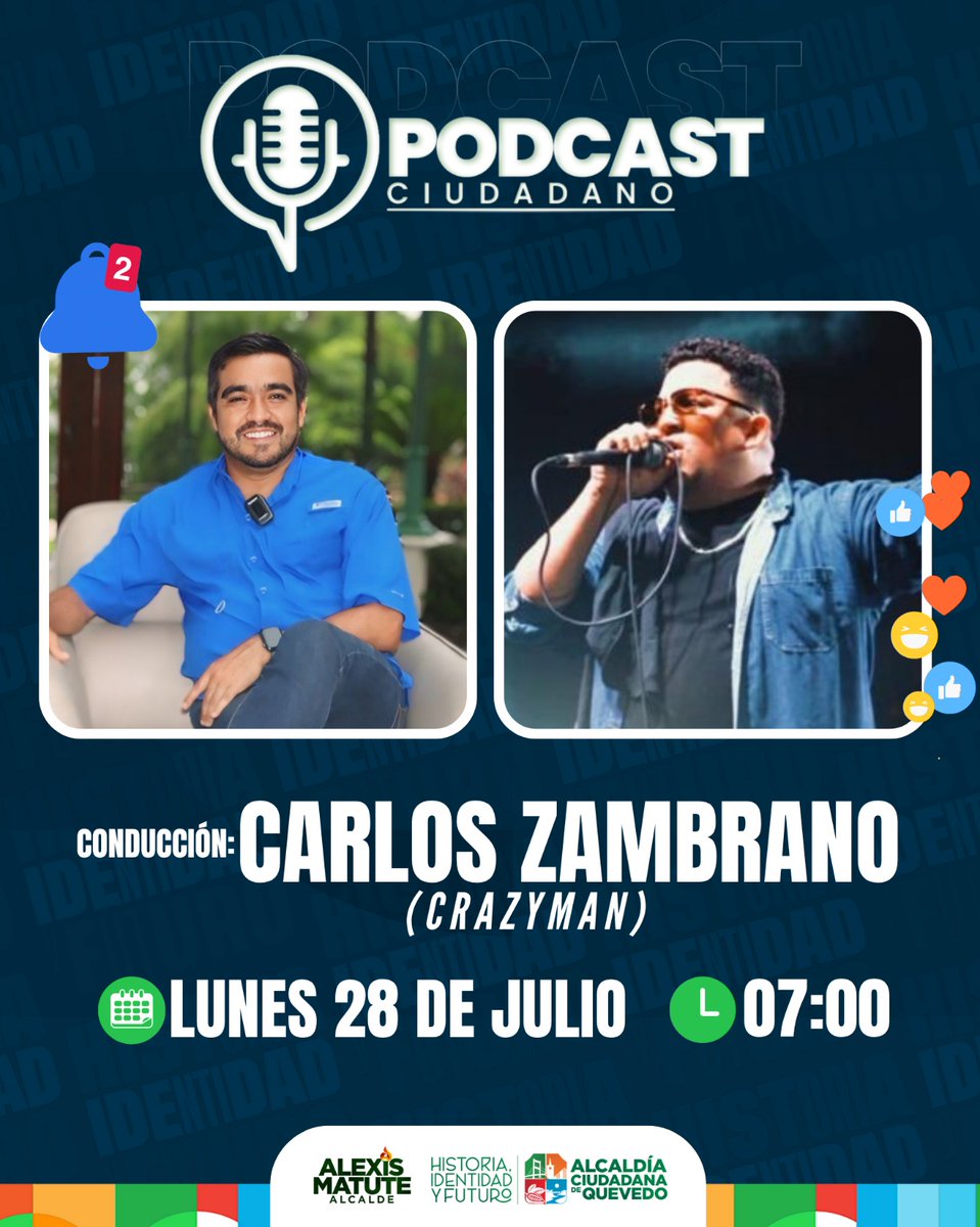 ¡🎙️Quevedo vibra con su voz ciudadana!

Este lunes 28 de julio a las 07:00 AM, no te pierdas un nuevo episodio del Podcast Ciudadano, bajo la conducción de Carlos Zambrano “Crazyman” 🎧🔥.
Un espacio donde la identidad, la cultura y la pasión quevedeña se hacen escuchar 💬🌆.